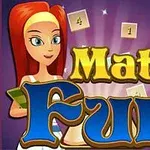 O femeie cu păr roșu ține o carte, în fața cuvintelor Math Fun într-un font colorat, cu fundal mov și elemente matematice suspendate