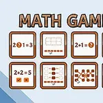 Ilustrație cu șapte iconițe reprezentând diferite jocuri matematice, fiecare într-un pătrat portocaliu cu margine maro, și textul Math Games deasupra