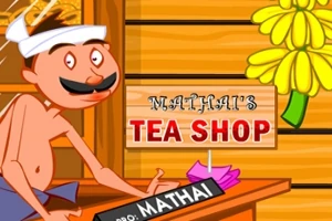 Un bărbat caricaturizat, zâmbind, purtând o pălărie albă, stă la un tejghea de lemn lângă un semn cu textul Mathais Tea Shop și decorațiuni florale galbene