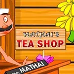 Un bărbat caricaturizat, zâmbind, purtând o pălărie albă, stă la un tejghea de lemn lângă un semn cu textul Mathais Tea Shop și decorațiuni florale galbene