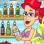 Femeie cu păr roșu în costum de baie mov preparând o băutură la bar, cu un personaj verde în fundal