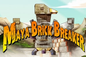 Titlul „Maya Brick Breaker peste o ilustrație stilizată cu o statuie de piatră și blocuri de cărămidă într-un peisaj montan