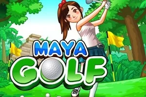 Fată desenată jucând golf într-un peisaj tropical cu junglă și ruine mayase