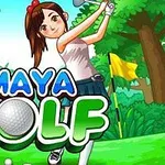 Fată desenată jucând golf într-un peisaj tropical cu junglă și ruine mayase