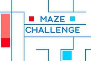 Fundal alb cu linii albastre formând un labirint și textul „MAZE CHALLENGE” alături de pătrate roșii și albastre