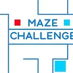 Fundal alb cu linii albastre formând un labirint și textul „MAZE CHALLENGE” alături de pătrate roșii și albastre
