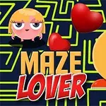 Personaj rotund galben, privindu-se unul pe altul, cu două inimi roșii plutind între ele, pe un fundal de labirint verde cu textul Maze Lover