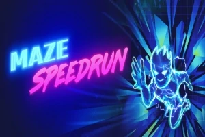 Text neon Maze Speedrun și o siluetă stilizată albastră a unui personaj care pare a fugi, pe un fundal geometric dinamic