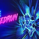Text neon Maze Speedrun și o siluetă stilizată albastră a unui personaj care pare a fugi, pe un fundal geometric dinamic