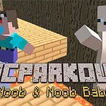 Două personaje cubice cu expresii pixelate sar peste o platformă din lemn suspendată deasupra lavei, cu textul MCPARKOUR Noob & Noob Baby în prim-plan