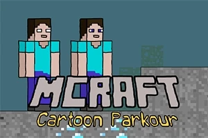 Două personaje pixelate, fiecare purtând tricouri albastre și pantaloni mov, stau lângă textul MCRAFT Cartoon Parkour pe un fundal pixelat
