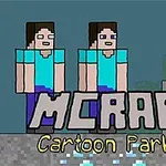 Două personaje pixelate, fiecare purtând tricouri albastre și pantaloni mov, stau lângă textul MCRAFT Cartoon Parkour pe un fundal pixelat