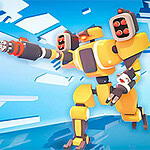 Robot galben mare și drone zburătoare pe un fundal albastru geometric