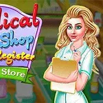O femeie într-o uniformă medicală ține un clipboard în fața unui fundal cu rafturi colorate și produse medicale