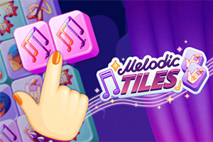 Un deget atinge plăci roz cu note muzicale, pe un fundal violet, alături de textul „Melodic Tiles”
