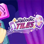 Un deget atinge plăci roz cu note muzicale, pe un fundal violet, alături de textul „Melodic Tiles”