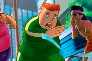 Trei personaje animate alergând pe un traseu urban, fiecare îmbrăcat în echipament sportiv colorat
