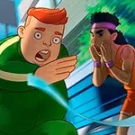 Trei personaje animate alergând pe un traseu urban, fiecare îmbrăcat în echipament sportiv colorat