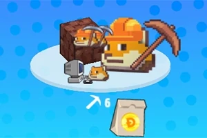 Personaje pixelate cu cască de constructor și târnăcop, un monitor și un sac cu monede pe un fundal albastru cu buline