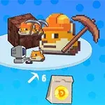 Personaje pixelate cu cască de constructor și târnăcop, un monitor și un sac cu monede pe un fundal albastru cu buline