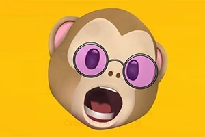 Emoji de maimuță cu ochelari roz și expresie surprinsă, pe un fundal galben
