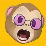 Emoji de maimuță cu ochelari roz și expresie surprinsă, pe un fundal galben