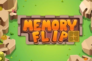 Logo cu textul „MEMORY FLIP în litere portocalii, pe o placă de piatră, pe fundal verde cu stânci și iarbă