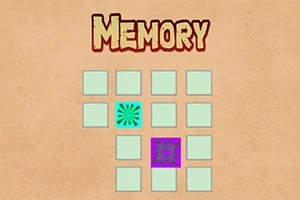 Grilă de patru pe patru pătrate verzi, cu două pătrate colorate diferit, unul albastru și unul mov, sub textul MEMORY