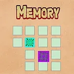 Grilă de patru pe patru pătrate verzi, cu două pătrate colorate diferit, unul albastru și unul mov, sub textul MEMORY