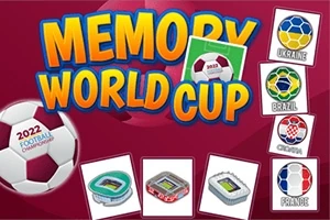 Textul Memory World Cup în culori vii, un balon de fotbal cu inscripția 2022 Football Championship și imagini cu stadioane și steaguri ale unor țări pe un fundal roșu