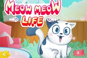 Motan alb cu pete negre, cu ochii mari și expresie veselă, într-un decor de curte, având textul Meow Meow Life deasupra