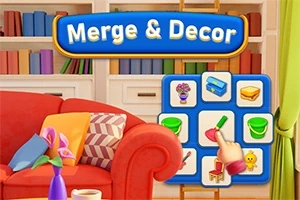 Imaginea prezintă un living colorat cu o canapea roșie, perne colorate, rafturi cu cărți și un ecran de joc care prezintă obiecte de decor