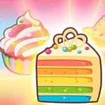 Trei deserturi colorate, inclusiv o felie de tort cu straturi curcubeu și cupcakes cu glazură și decor colorat