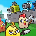 Puii desenați cu arme în fața unui zid cu tunuri, pe fundalul unui peisaj cu apă și copaci