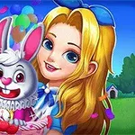 O fată zâmbitoare cu păr blond ține un iepuraș alb într-un coș, înconjurată de confetti și baloane pe un fundal verde cu cer albastru
