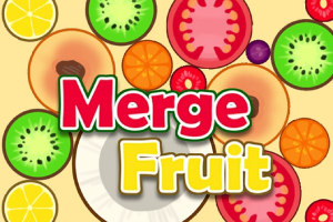 Felii de fructe colorate, inclusiv kiwi, portocale și roșii, cu textul Merge Fruit suprapus