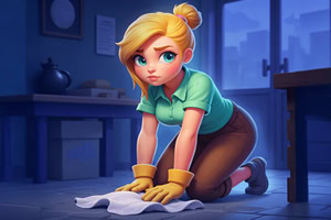 Merge Haven O femeie blondă cu părul prins într-un coc, purtând mănuși galbene, șterge podeaua cu o cârpă într-o cameră iluminată slab