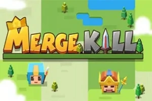 Textul Merge Kill în stil bloc colorat cu imagini pixelate ale două personaje și câțiva copaci și lacuri pe un fundal verde stilizat