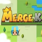 Textul Merge Kill în stil bloc colorat cu imagini pixelate ale două personaje și câțiva copaci și lacuri pe un fundal verde stilizat