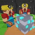 Doi muncitori bloc pixel cu căști galbene stau lângă un bloc gri cu cristale albastre, în timp ce o mână indică ceva pe o placă metalică