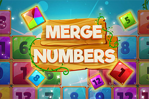 Textul Merge Numbers scris pe un semn de lemn, cu fundal colorat vibrant și pătrate numerotate