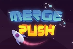 Text stilizat MERGE PUSH pe un fundal spațial cu o rachetă și elemente de cosmos