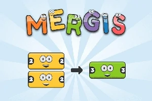 Cuvântul MERGIS colorat deasupra unui fundal cu raze albastre, cu două blocuri galbene numerotate 2 care combină să formeze un bloc verde numerotat 3