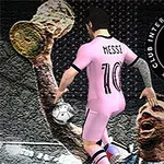 Un jucător de fotbal în echipament roz cu numărul 10 pe spate, o minge și un trofeu în fundal lângă un sigiliu rotund cu text