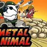 Animale stilizate, echipate cu arme, stau pe un vehicul militar în fața unui fundal de apus portocaliu, cu textul Metal Animal la bază
