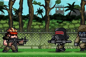 Trei personaje stil pixel, echipate cu arme, într-un decor tropical cu gard de sârmă și vegetație în fundal