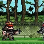 Trei personaje stil pixel, echipate cu arme, într-un decor tropical cu gard de sârmă și vegetație în fundal
