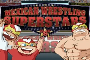 Trei personaje animate purtând măști de wrestling, cu inscripția Mexican Wrestling Superstars pe fundal