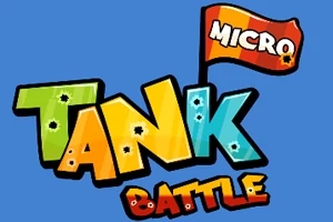 Text colorat cu cuvintele Micro Tank Battle pe un fundal albastru, cu un steag în colțul din dreapta sus