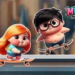 Două personaje drăguțe pe skateboard și o creatură albastră zâmbitoare pe un fundal urban colorat